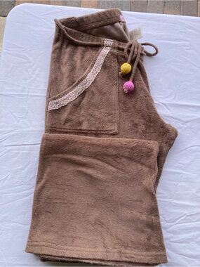 Wendy Glez Brown Terry Jogger Pants with Pink & Yellow Pom Accents